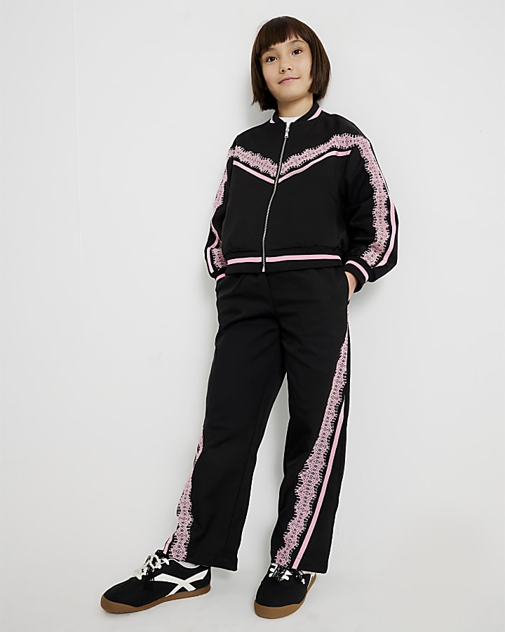 Girls Black Lace Trim Bomber Jacket