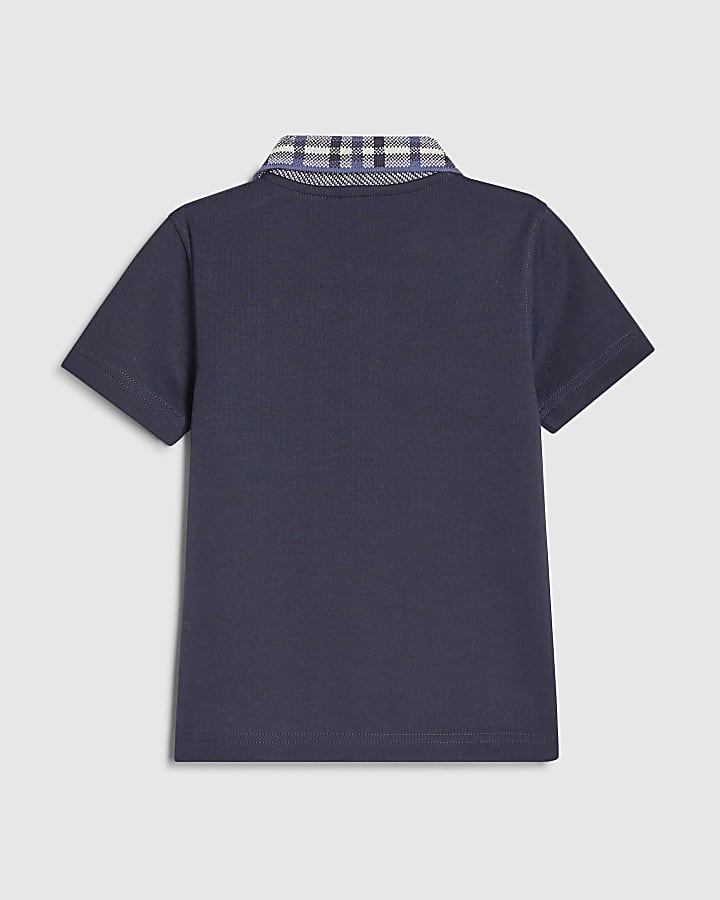 Mini Boys Navy Check Collar Polo Shirt