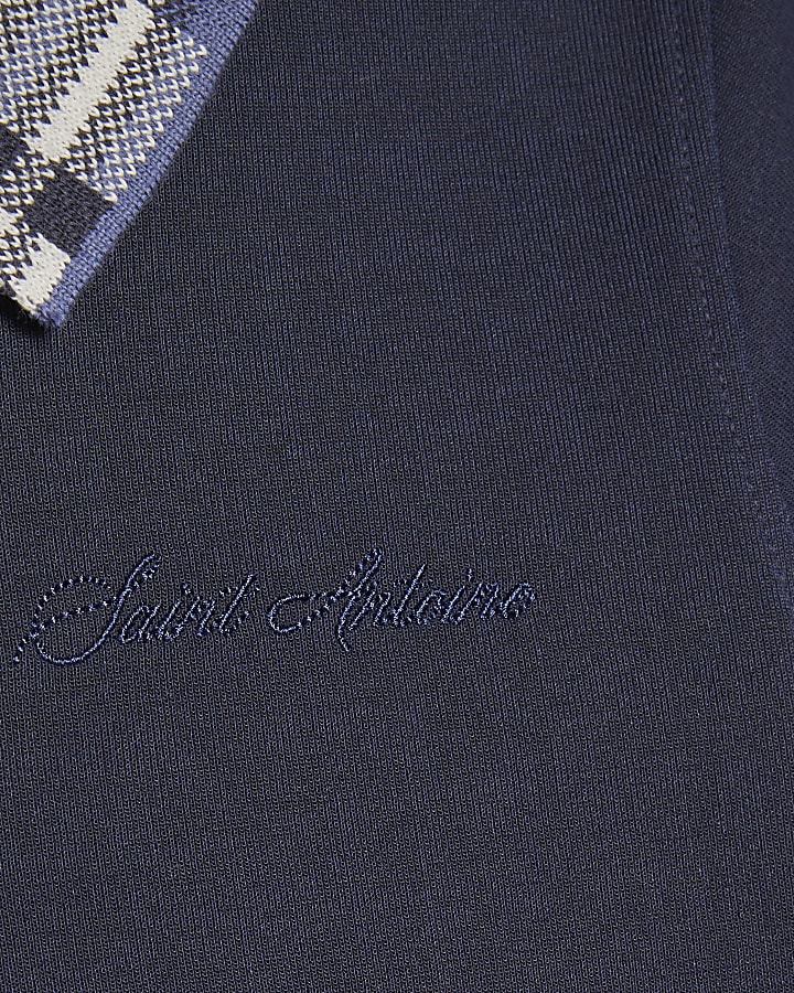 Boys Navy Check Collar Polo Shirt