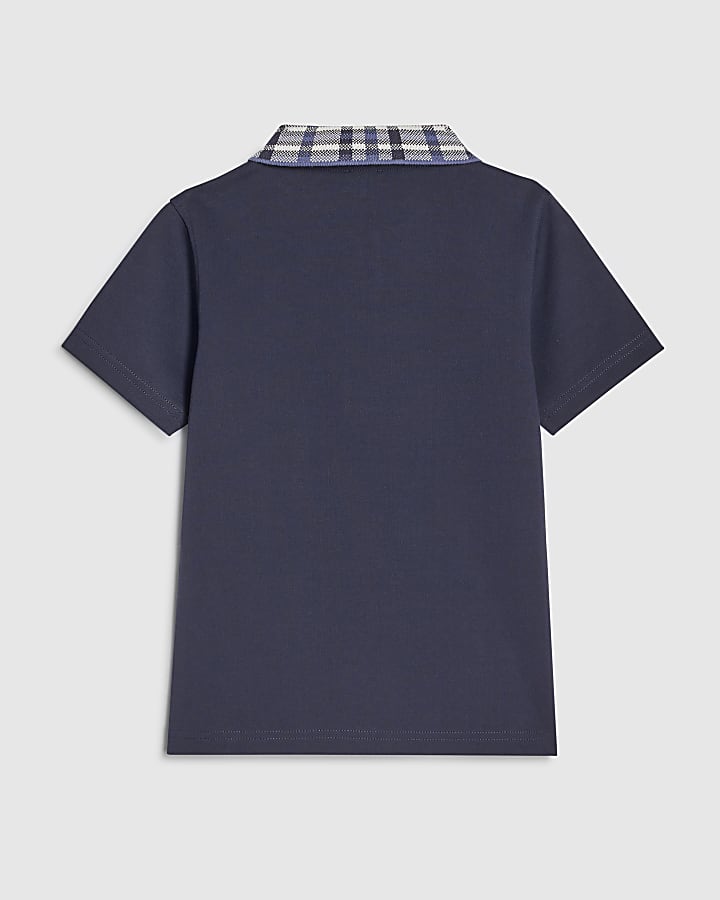 Boys Navy Check Collar Polo Shirt