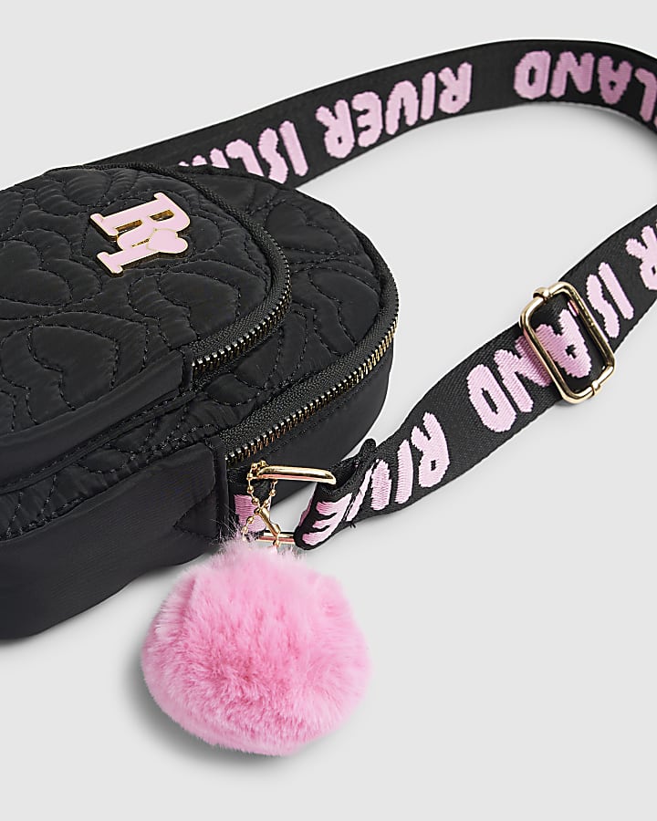 Girls Black Quilted Heart Cross Body Bag