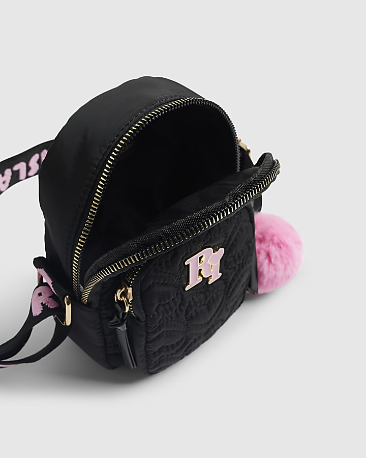 Girls Black Quilted Heart Cross Body Bag