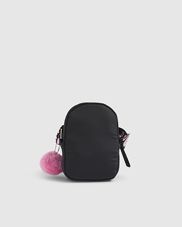 Girls Black Quilted Heart Cross Body Bag