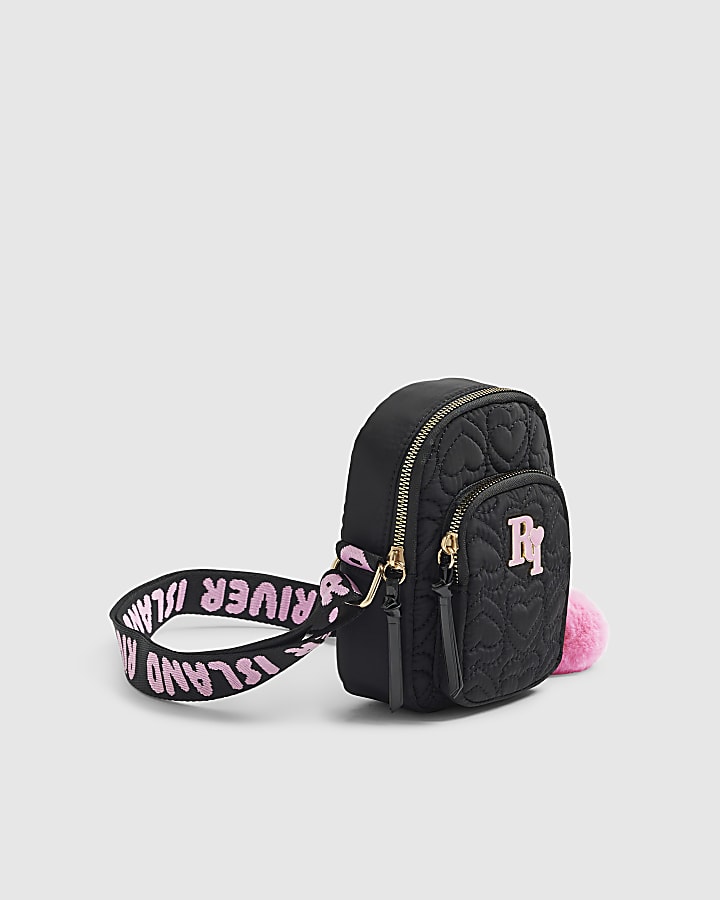 Girls Black Quilted Heart Cross Body Bag