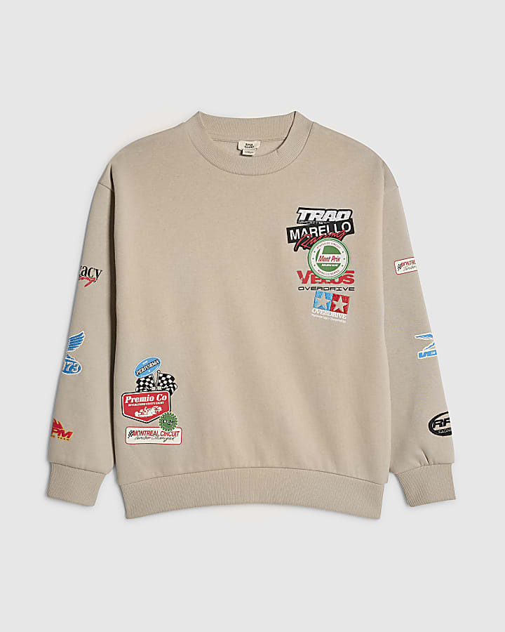 Boys Beige Motorsport Badges Sweatshirt