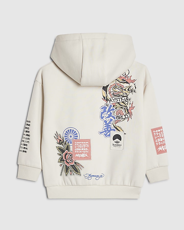 Mini Boys Cream Japanese Bird Print Hoodie