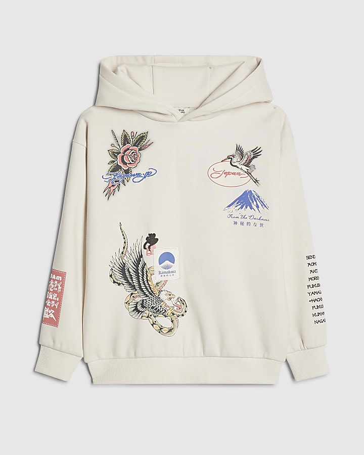 Boys Cream Japanese Bird Print Hoodie