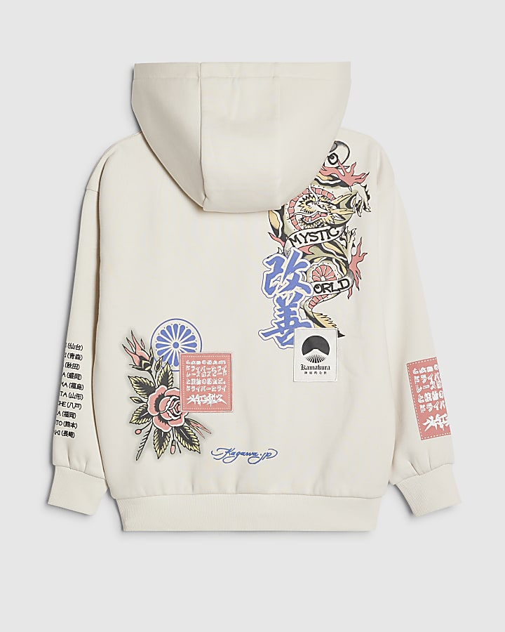 Boys Cream Japanese Bird Print Hoodie