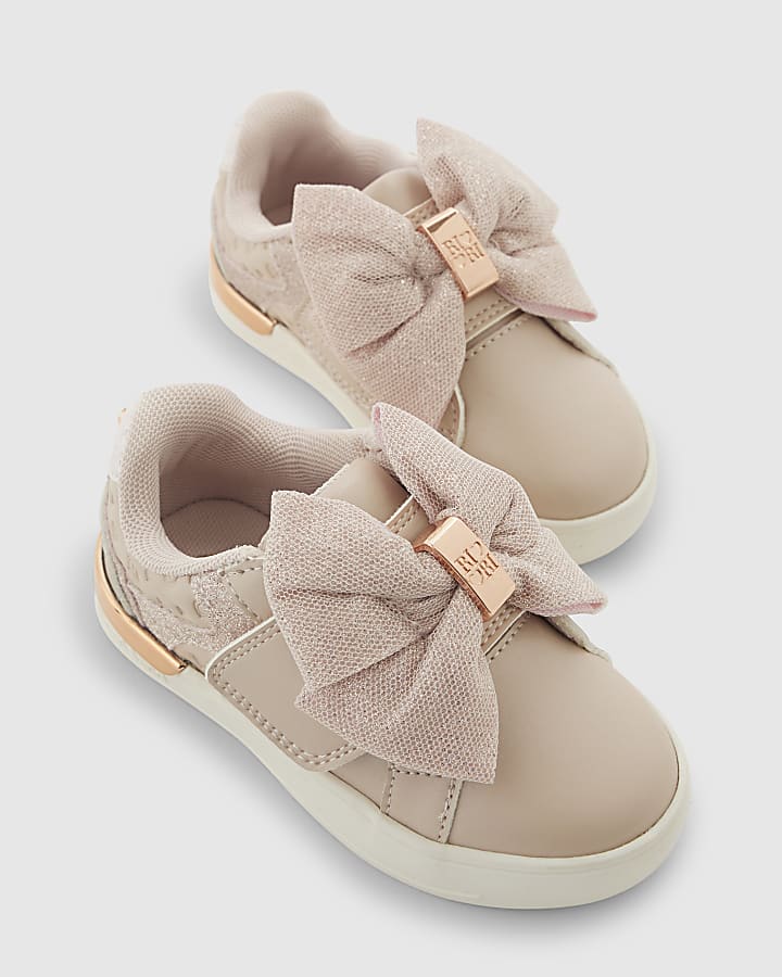 Mini Girls Pink Monogram Velcro Bow Trainers