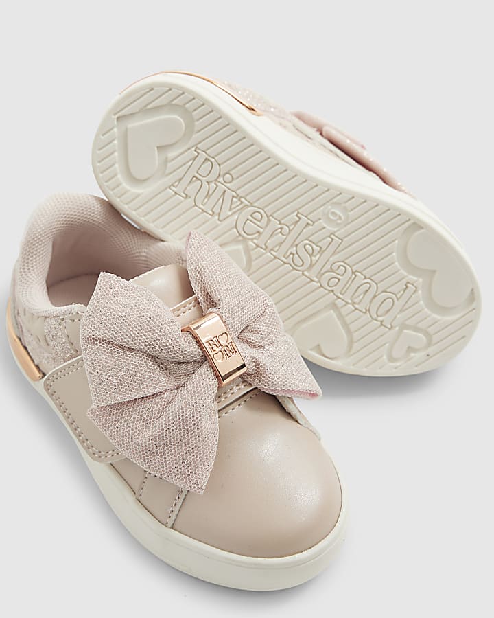 Mini Girls Pink Monogram Velcro Bow Trainers