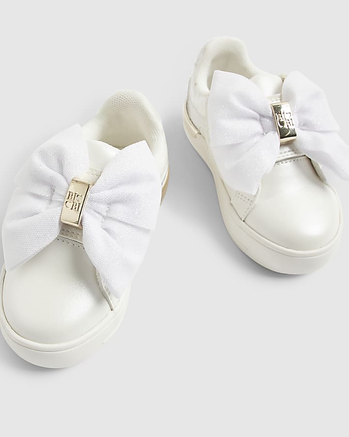 Mini Girls White Monogram Velcro Bow Trainers