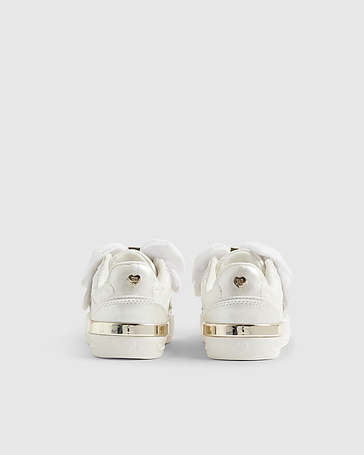 Mini Girls White Monogram Velcro Bow Trainers