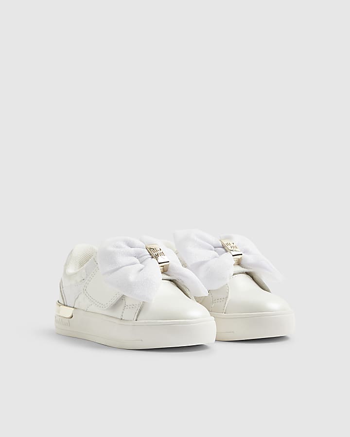 Mini Girls White Monogram Velcro Bow Trainers