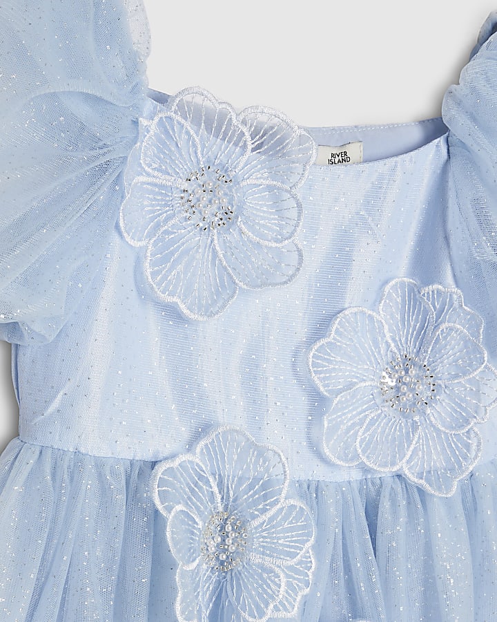 Girls Blue Puff Sleeve Floral Tulle Dress