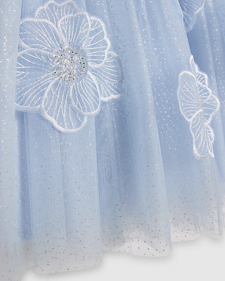 Girls Blue Puff Sleeve Floral Tulle Dress