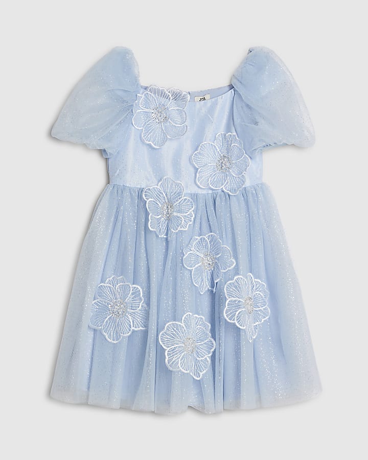 Girls Blue Puff Sleeve Floral Tulle Dress
