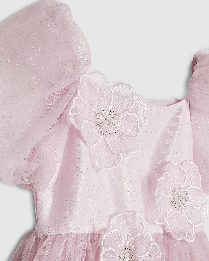 Girls Pink Puff Sleeve Floral Tulle Dress