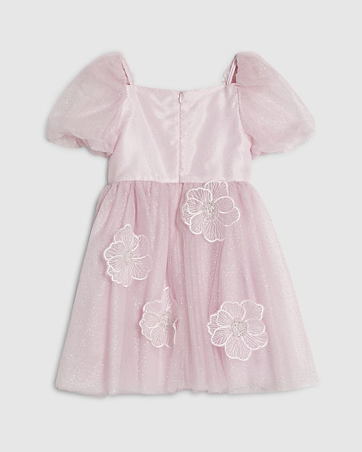 Girls Pink Puff Sleeve Floral Tulle Dress