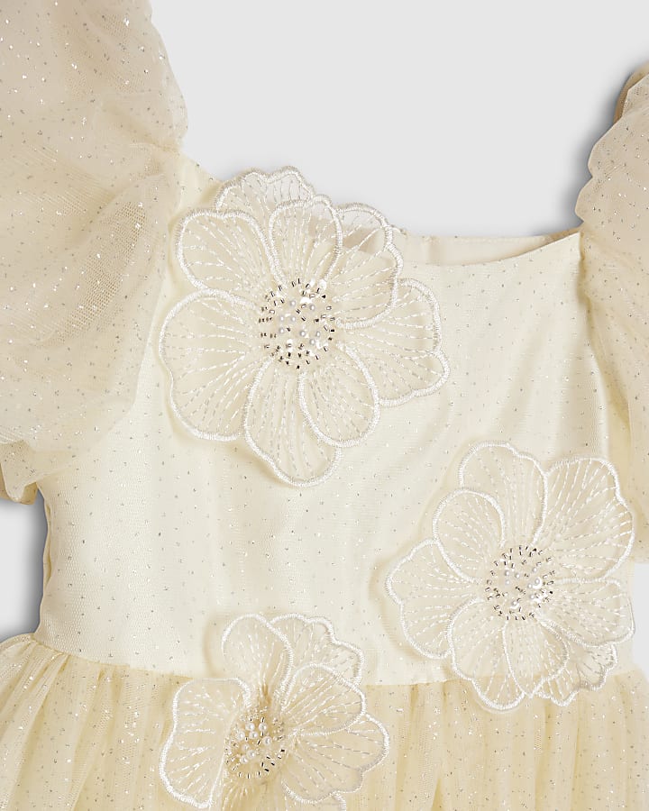 Girls Yellow Puff Sleeve Floral Tulle Dress