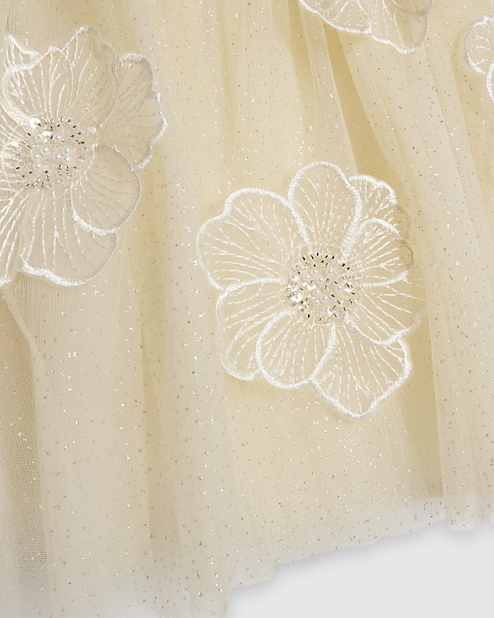 Girls Yellow Puff Sleeve Floral Tulle Dress