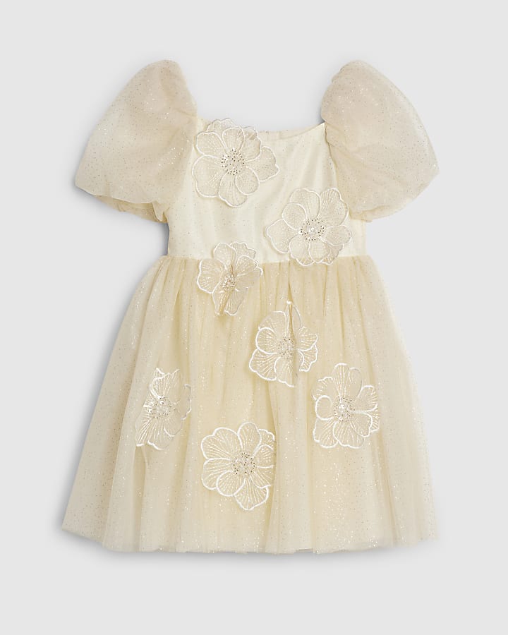 Girls Yellow Puff Sleeve Floral Tulle Dress