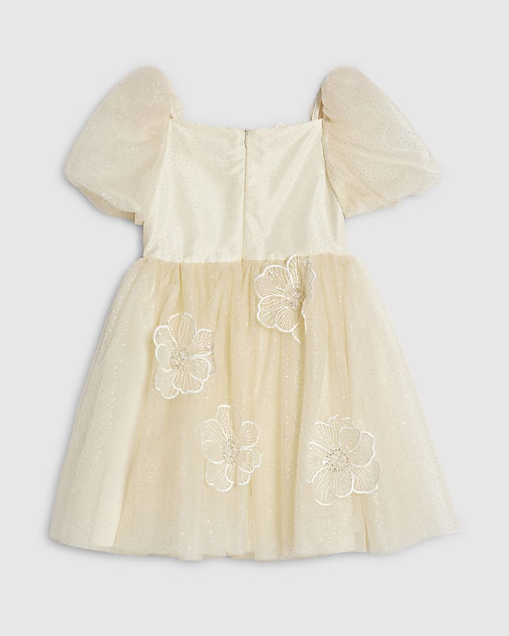 Girls Yellow Puff Sleeve Floral Tulle Dress