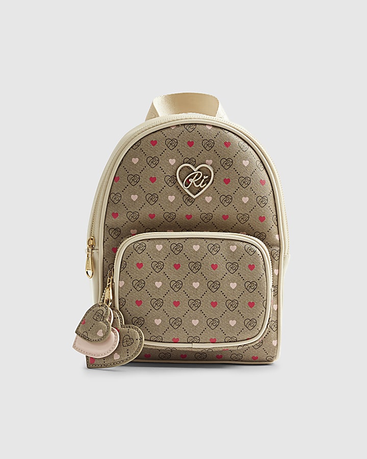 Girls Brown Heart Monogram Backpack