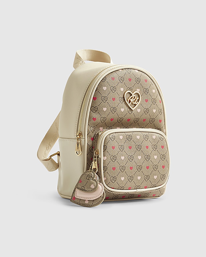 Girls Brown Heart Monogram Backpack