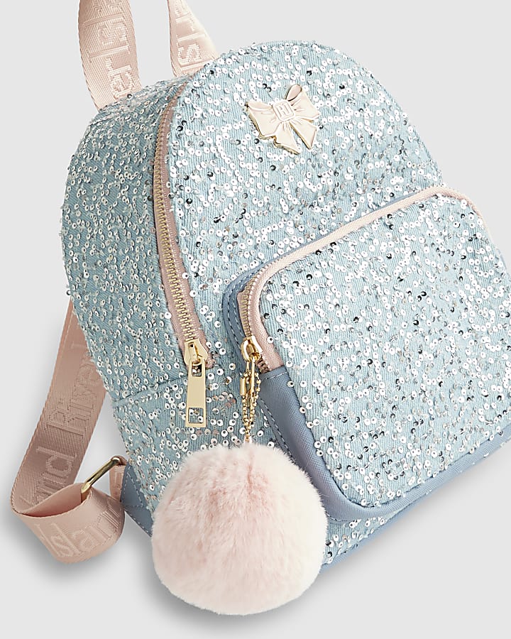 Girls Blue Denim Sequin Backpack