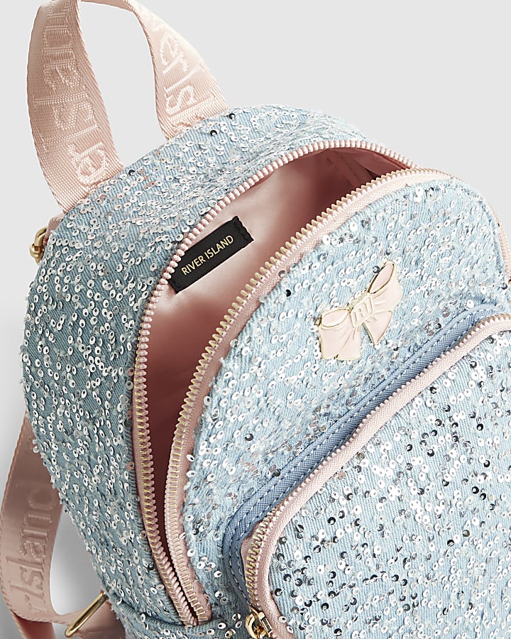 Girls Blue Denim Sequin Backpack