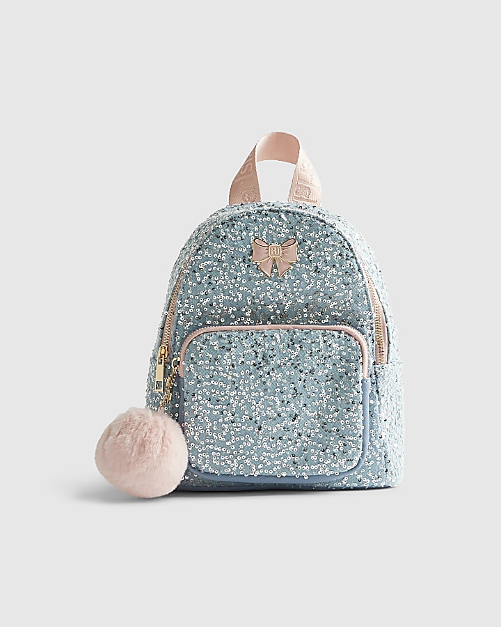 Girls Blue Denim Sequin Backpack