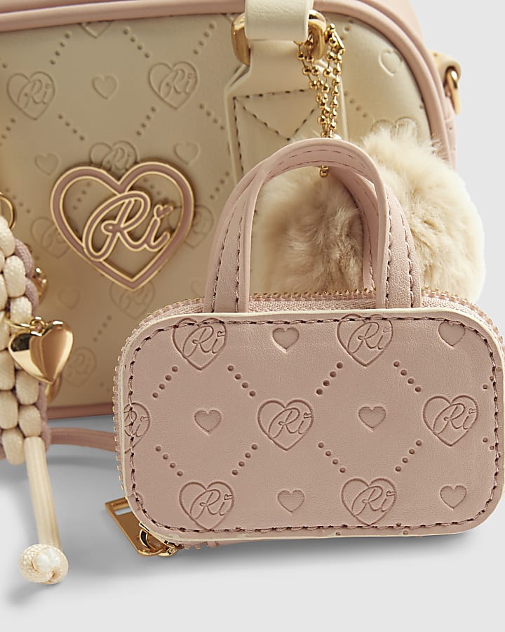 Girls Cream Monogram Charm Mini Bowler Bag