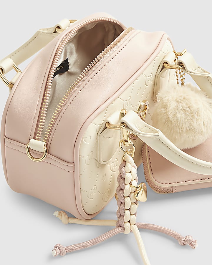 Girls Cream Monogram Charm Mini Bowler Bag