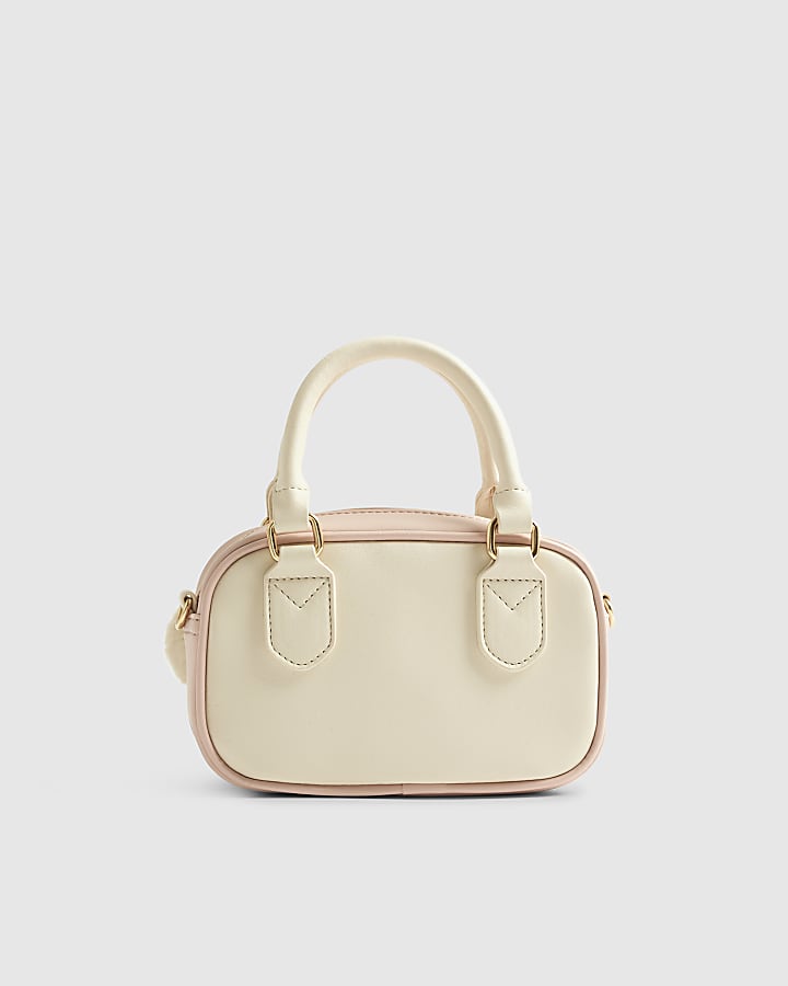 Girls Cream Monogram Charm Mini Bowler Bag