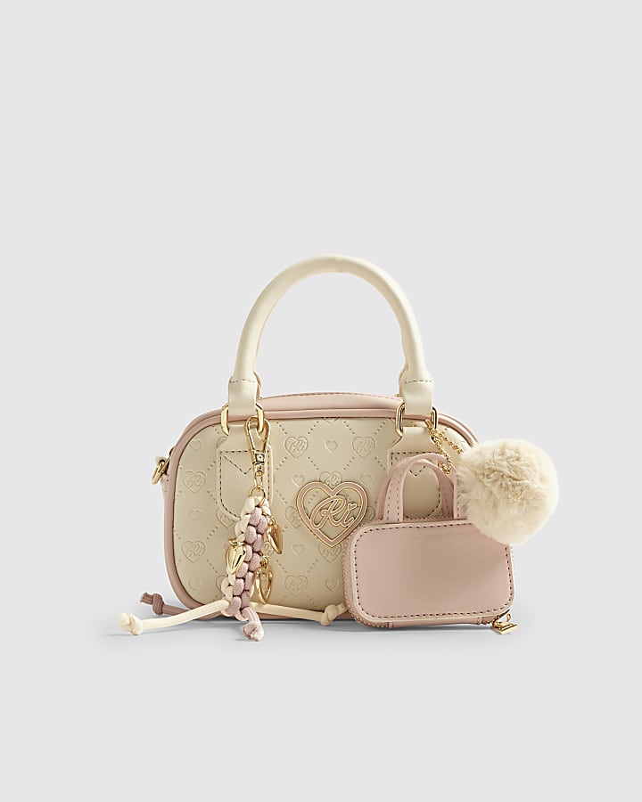 Girls Cream Monogram Charm Mini Bowler Bag