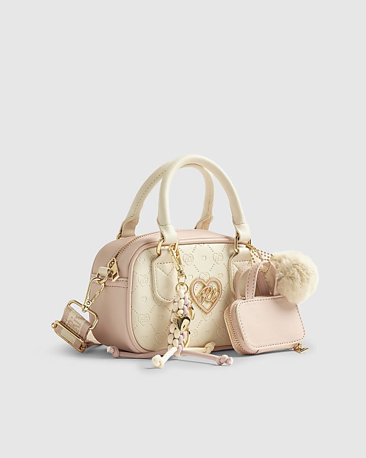 Girls Cream Monogram Charm Mini Bowler Bag