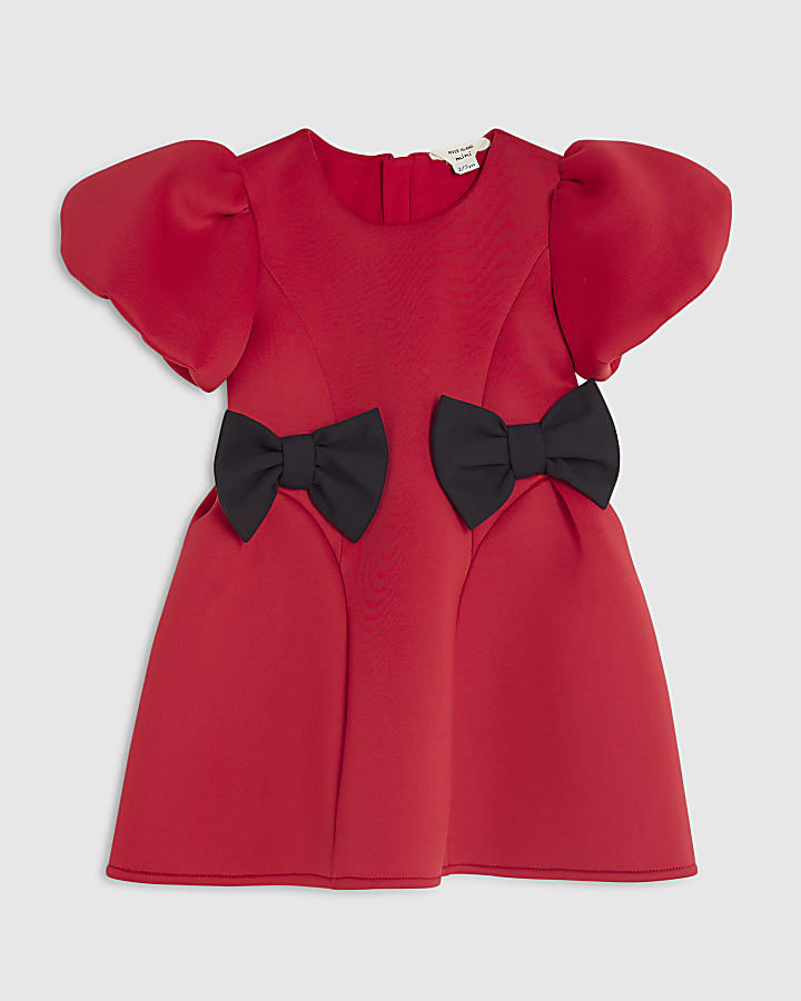 Mini Girls Red Bow Side Scuba Dress