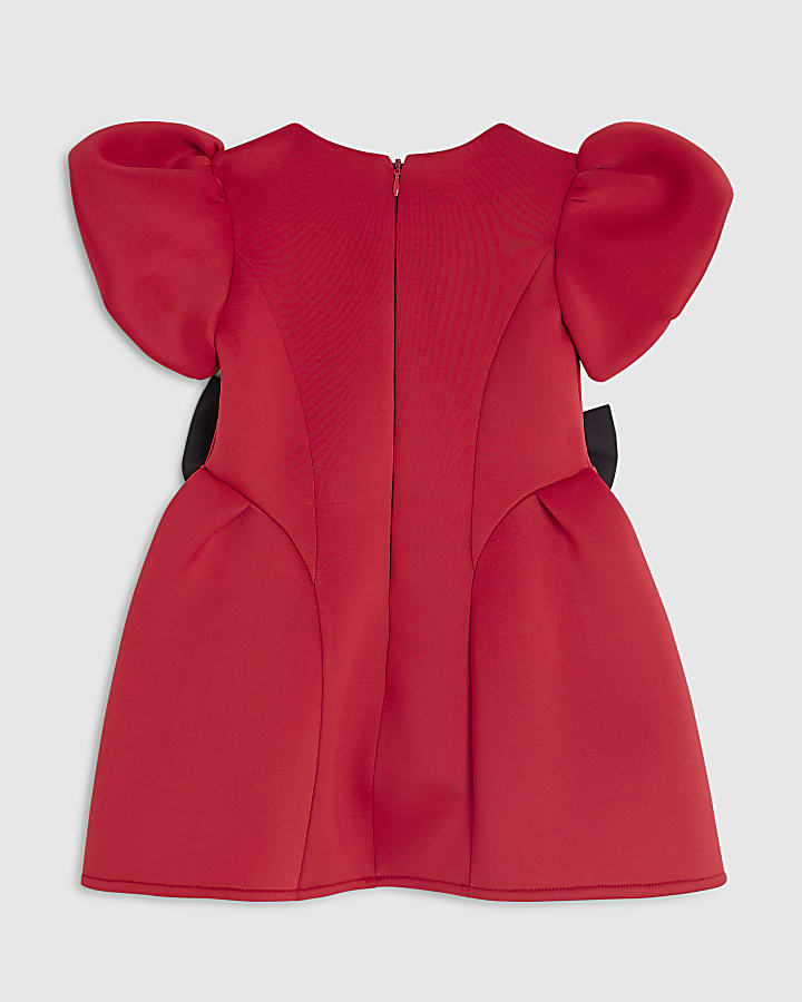 Mini Girls Red Bow Side Scuba Dress