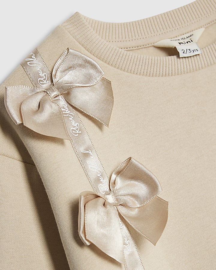 Mini Girls Beige Branded Bow T-Shirt Set
