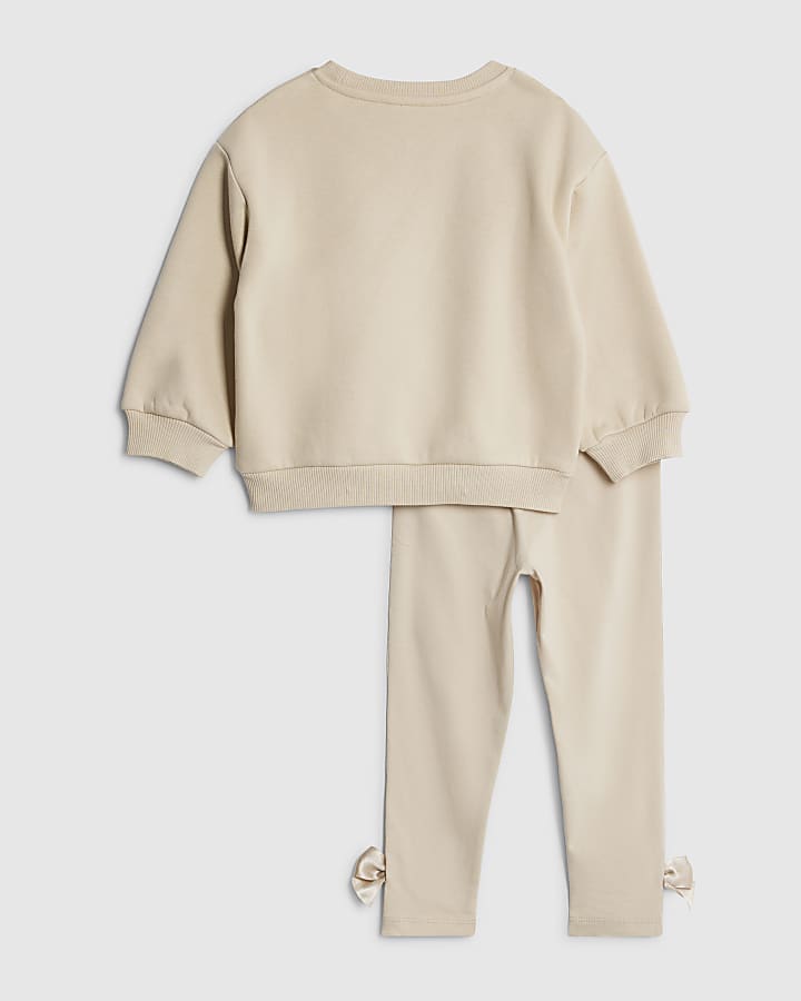 Mini Girls Beige Branded Bow T-Shirt Set