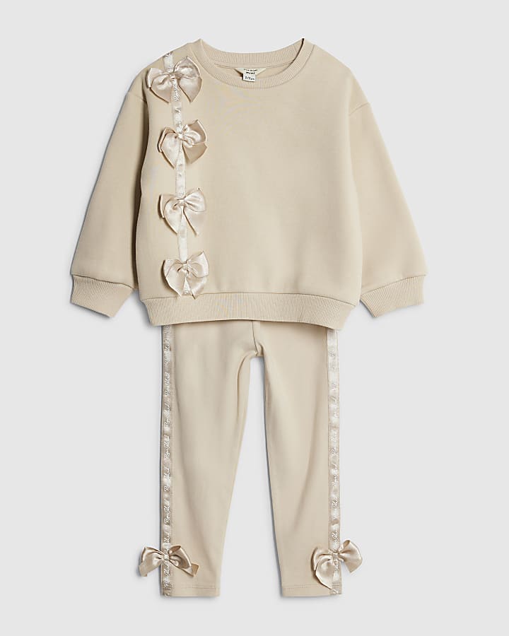 Mini Girls Beige Branded Bow T-Shirt Set