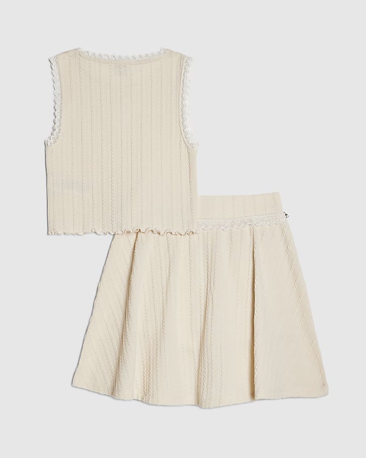 Girls Cream Plaited Skirt Set