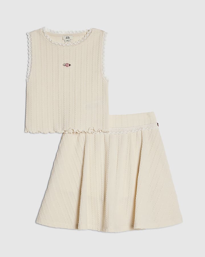 Girls Cream Plaited Skirt Set