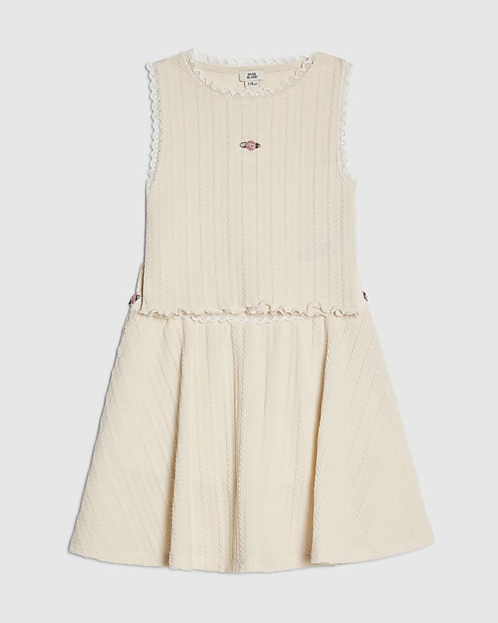 Girls Cream Plaited Skirt Set