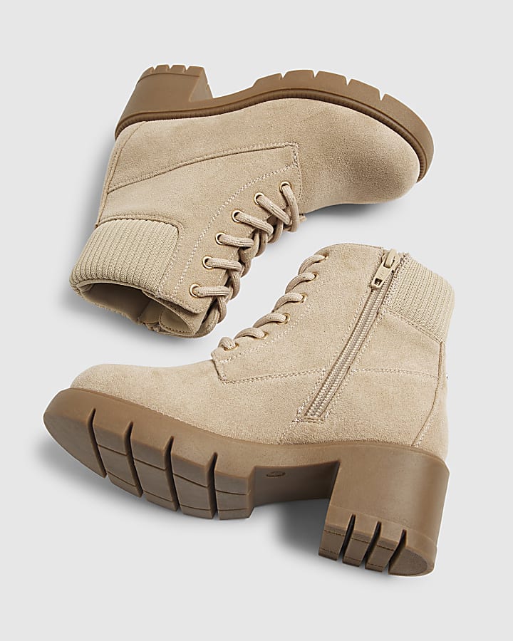 Girls Beige Faux Suede Lace Boots