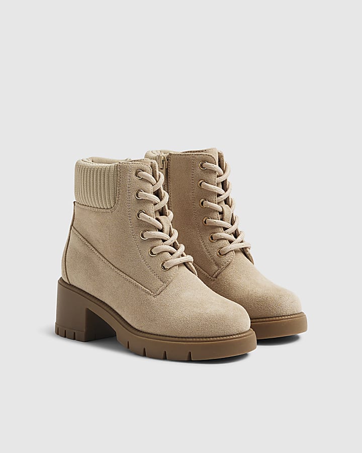 Girls Beige Faux Suede Lace Boots