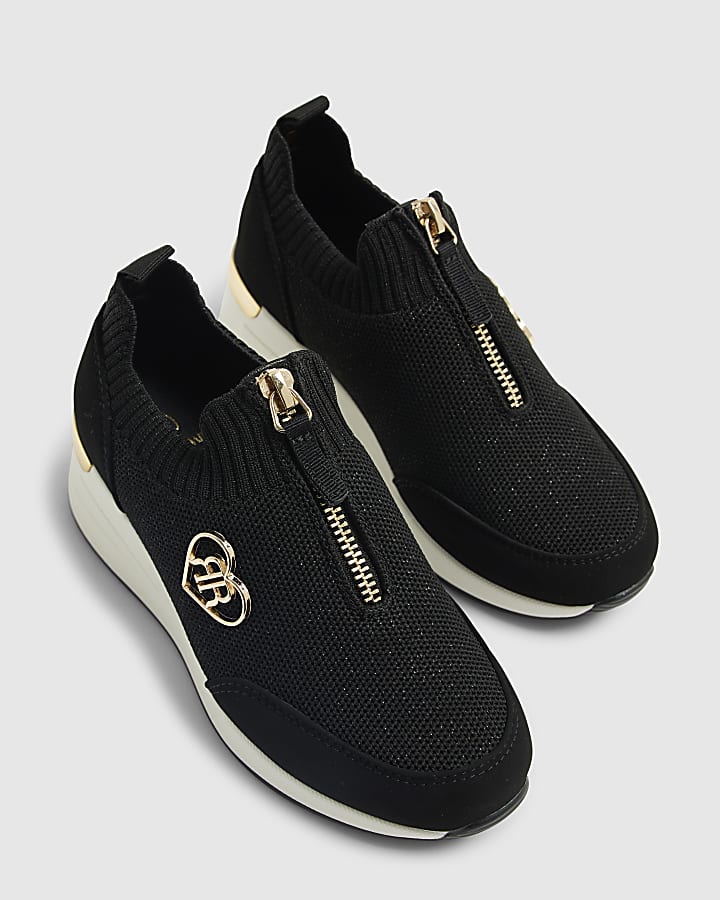 Girls Black Knit Wedge Trainers