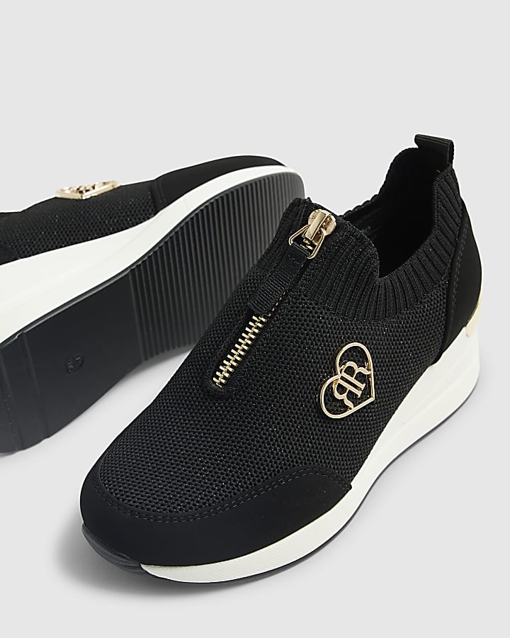 Girls Black Knit Wedge Trainers