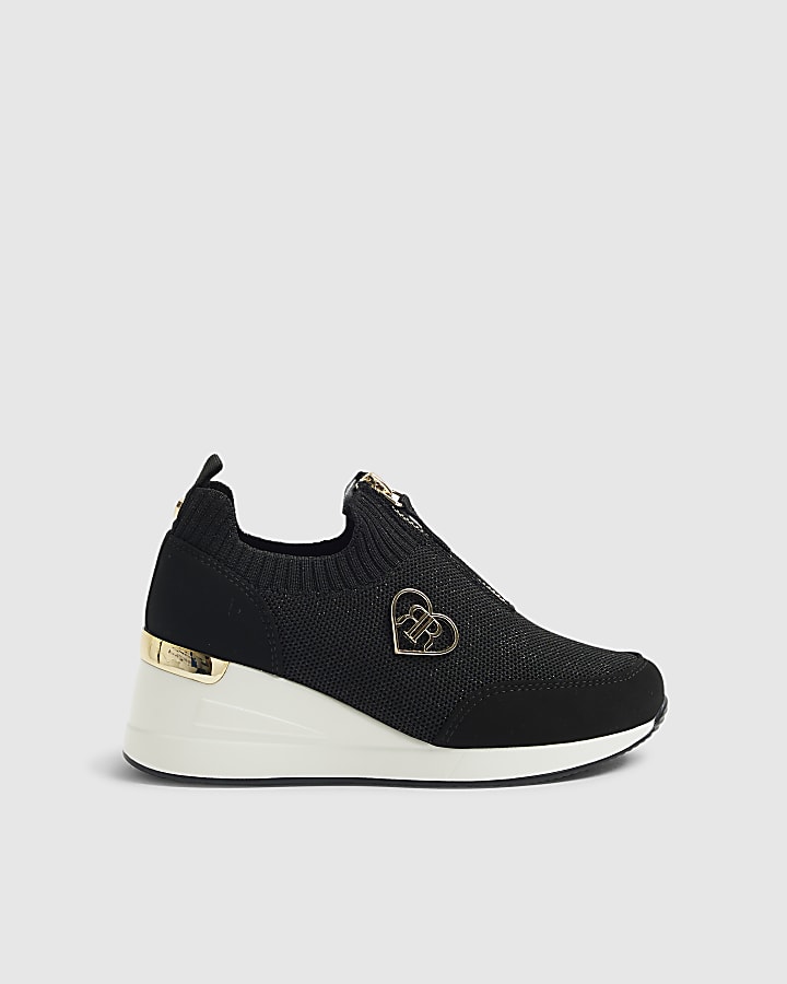 Girls Black Knit Wedge Trainers