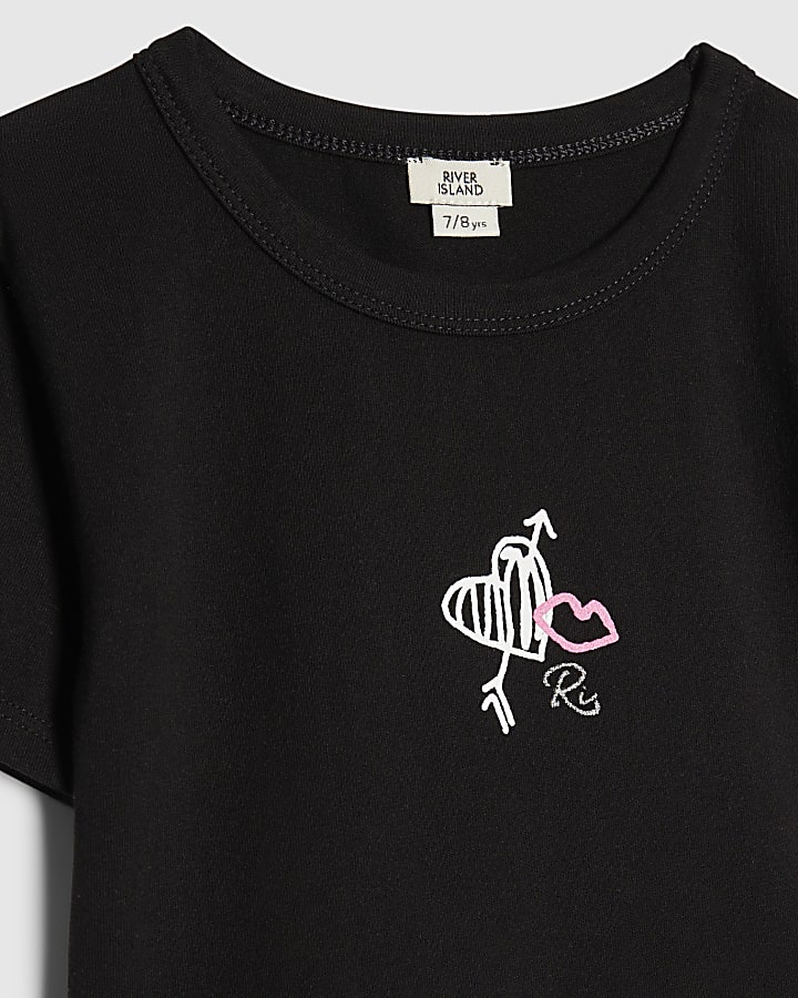 Girls Black Graffiti Wide Leg Trousers Set